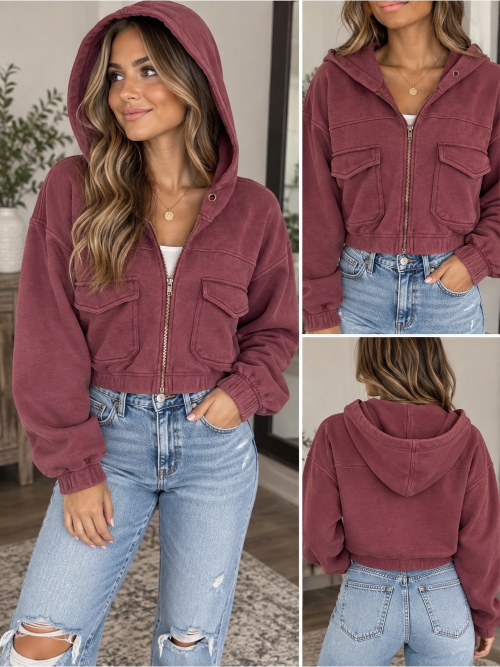 Forever 21 Y2K Casual Chunky Fall Women’s Cropped Hooded Jacket in Burgundy. S